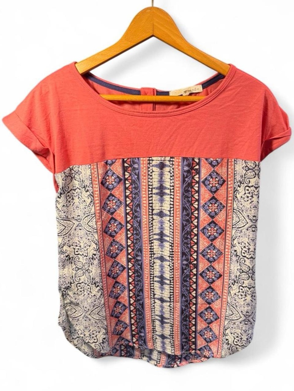 Rewind Coral Short Sleeve Top with Printed Panel
